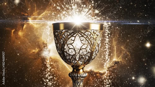 Ornate golden chalice with glowing light and abstract background