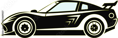 Black silhouette of a dynamic racing car on a white background