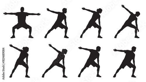 Set of exercise silhouettes vector illustration of people stretching and warming up isolated on white background