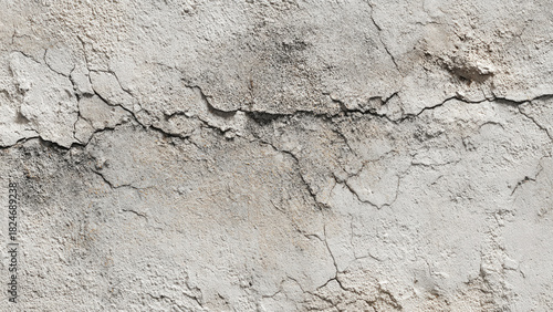 A detailed close-up reveals severe cracks and crumbling texture on a weathered, light-colored concrete wall, showing decay, damage, and rough surface.