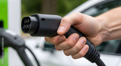 Hand holding electric car charging connector ready to plug in
