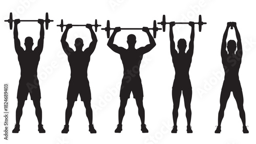 Silhouette of a man performing a barbell overhead press exercise weightlifting workout routine vector illustration isolated on white