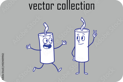 Two cartoon dynamite sticks with faces and arms one running and excited the other standing and waving representing a vector collection of explosive characters