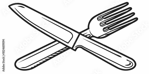 Black and white illustration of a fork and knife crossed over each other in a simple design style