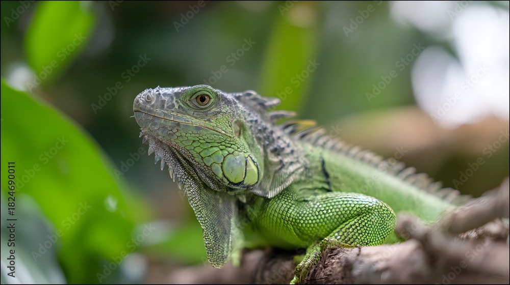 Fototapeta premium Vibrant green iguana portrait showcases detailed scales against a soft tropical forest backdrop