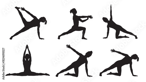 Set of yoga pose silhouettes various asanas in black vector illustration isolated on white background for fitness and wellness designs