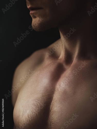 Close-up portrait of a man's upper body. the focus is on his chest and neck, which is covered in a thick layer of skin. the skin appears to be smooth and well-defined.