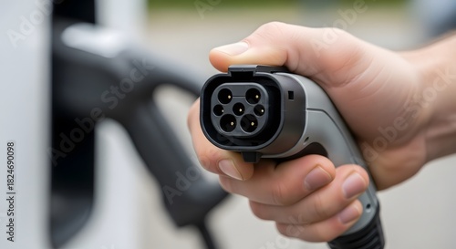Hand holding an electric vehicle charging connector at a charging station