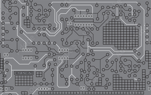 Seamless computer circuit board pattern. Repeating vector  illustration with electronic printed wiring board on a gray background. Apparel textile print.