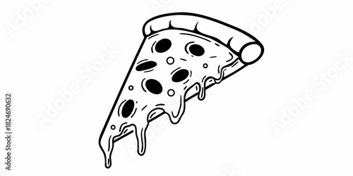 A black and white drawing of a pizza slice with dripping cheese and olive toppings on a white background