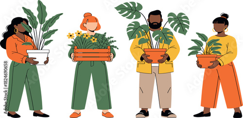 Diverse people holding indoor houseplants vector illustration with potted greenery, modern flat style characters and foliage design