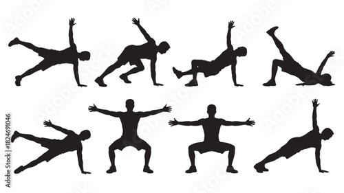 Set of man silhouette doing yoga poses vector illustration of fitness exercises isolated on white background