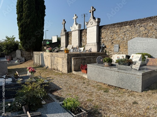 Ancient cemetery architecture under bright sky