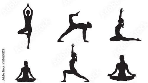 Set of yoga pose silhouettes various asanas in black vector illustration isolated on white background