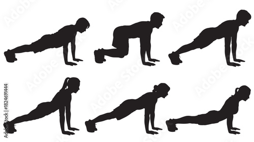 Silhouette of man and woman doing push ups fitness exercise vector illustration isolated on white background