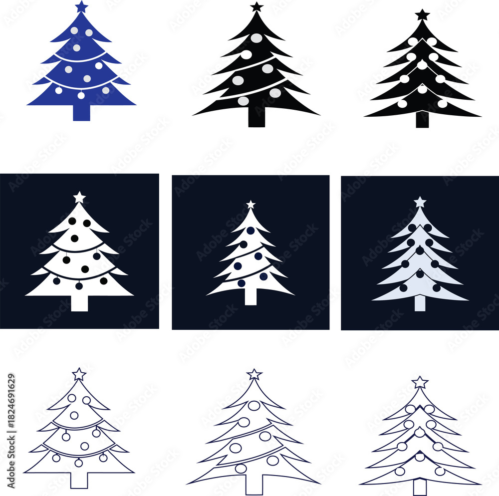 Obraz premium Christmas tree vector icon set in flat, silhouette, outline, and black-background styles. Perfect for holiday templates, winter branding, greeting cards, and festive graphic design.