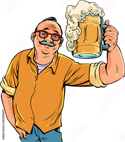 Pop Art Retro Adult man holding foamy beer. Octoberfest festival tasting. Profitable alcohol promotion in bar and restaurant.