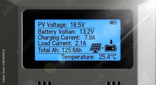 Solar charge controller display shows pv voltage battery voltage and current