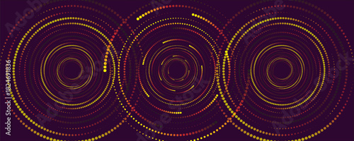 Set of swirling digital circles with golden glow. Futuristic frame of hexagons with light effects. Abstract vortex elements. Vector illustration. EPS 10.