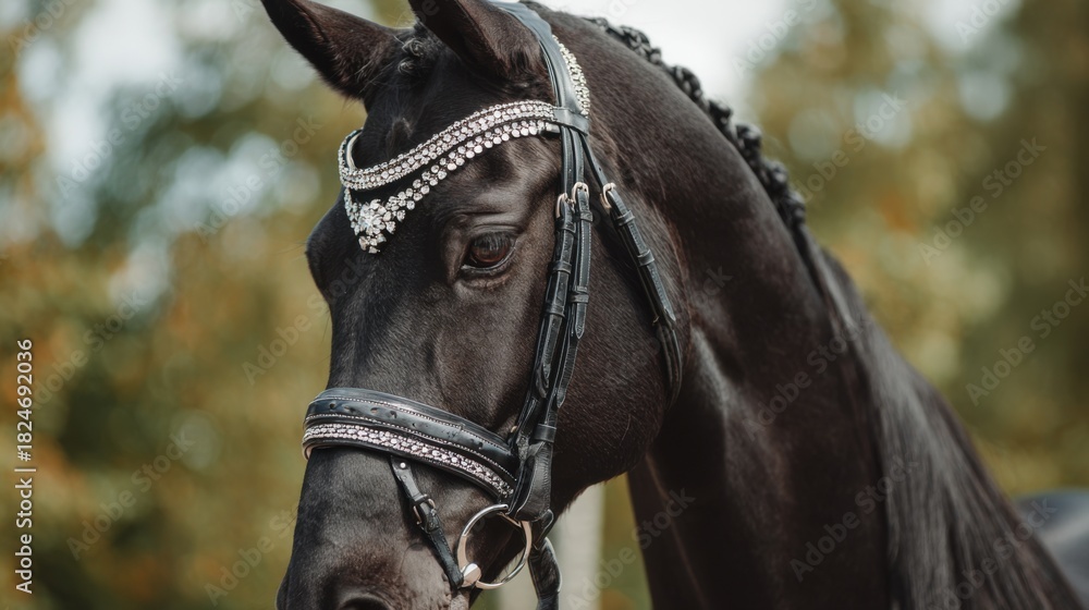 Obraz premium A majestic black horse stands gracefully, wearing an embellished bridle accented with jewels. The scene captures the natural beauty and calmness of the late afternoon light.