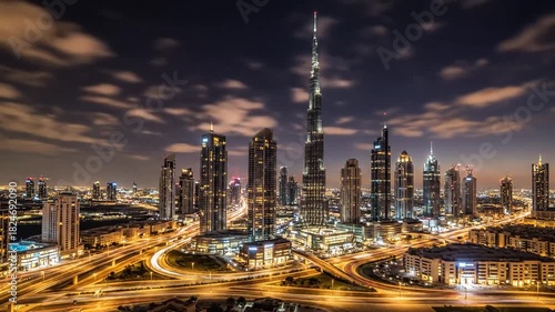 Golden Hued Skyline with Tall Buildings and Glowing Lights Under Cloudy Sky in Dubai at Dusk