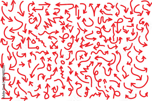 Collection of red arrows pointing in various directions and styles. A dense collection of hand-drawn red arrows in diverse shapes, sizes, and directions, filling the entire frame.