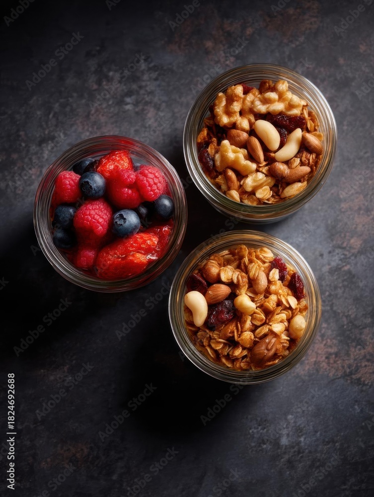 Fototapeta premium Three glass jars filled with granola on a dark textured background. the jars are arranged in a triangular formation, with the largest jar on the left and the two smaller jars on the right.