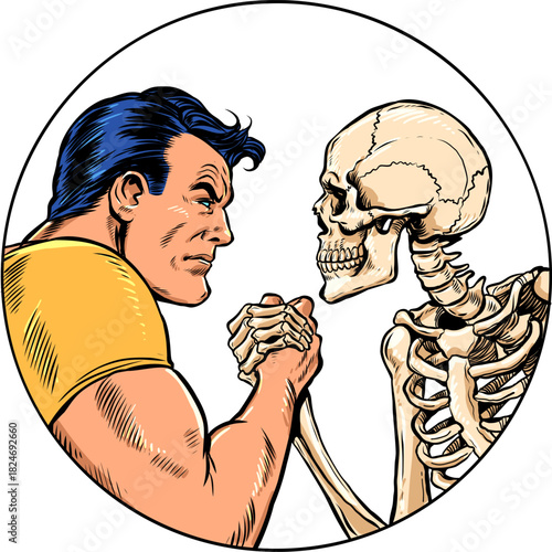 Pop Art Retro Death and man fight each other. Arm wrestling between opposites. Taking care of your health and body limits.