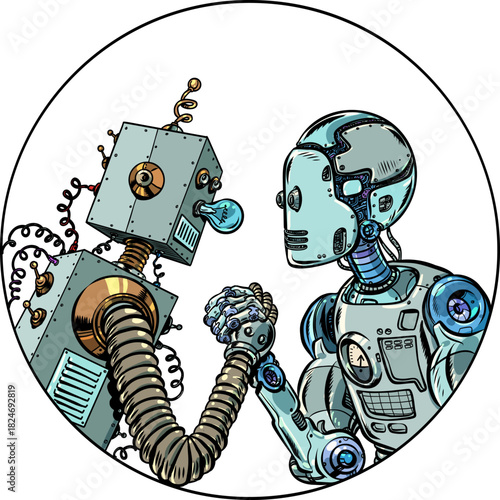 Pop Art Retro Robots fighting each other. Arm wrestling between opposites. Old technologies versus new ones.
