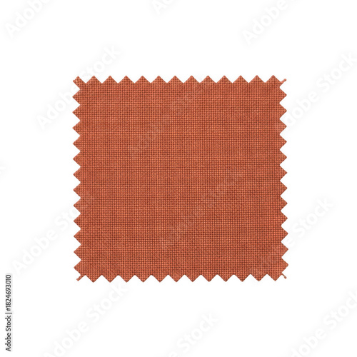 Terracotta colored fabric swatch with zig-zag cut edges, showcasing detailed woven textile texture sample.