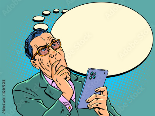 Pop Art Retro Businessman thought with phone in hand. News feed in social networks. Convenient application for thoughts.