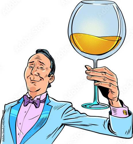 sommelier Pop Art Retro A man in a suit is an alcohol taster. A toast to the event. A smug important person.