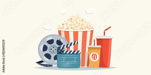 Movie Night Essentials Popcorn, Drink, and Film Reel Illustration