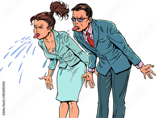 Pop Art Retro People sticking out their tongues. Problems at work and in the team. Fraud and being left with nothing.