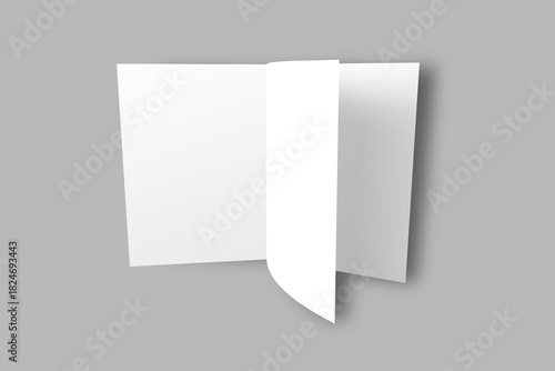 A white, three-panel brochure stands open against a light grey background with soft shadows.Blank white three -panel brochure mockup standing open on a neutral grey background, 3d rendering