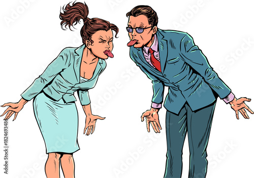Pop Art Retro People stick out their tongues at each other. Problems at work and in a team. Conflict in business.