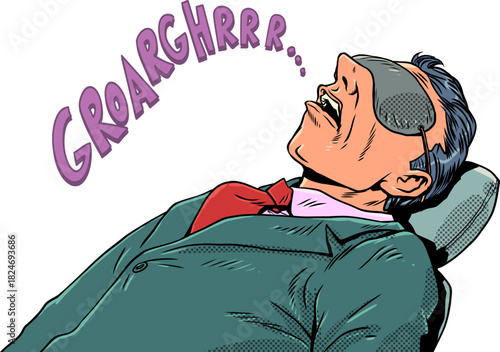 Pop Art Retro The man sleeps loudly and snores. Laziness at work. Inattention of business employees.