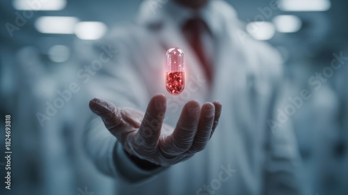 individual in formal attire demonstrating red drug capsule for study validation, expert in professional attire showcasing bright red medication capsule for research analysis and product confirmation