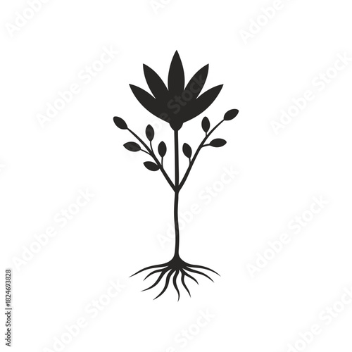 Minimalist plant silhouette vector showing a flower with roots in a clean graphic style Vector illustration