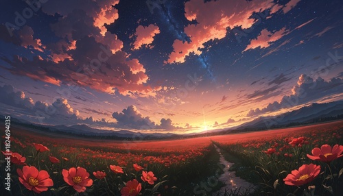 field of red flowers under a starry sky at sunset