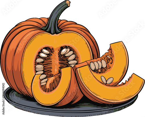 A carved pumpkin with a toothy grin sliced and displayed on a plate