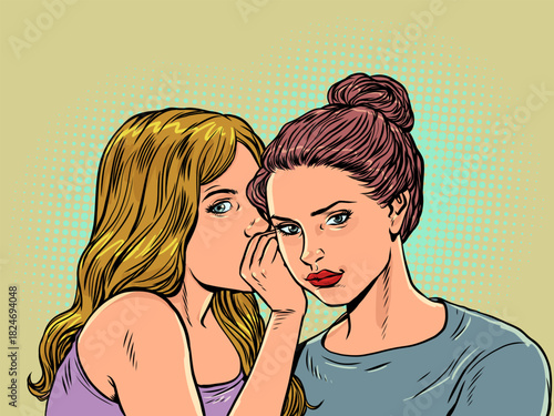 Pop Art Retro Dialogue between women in secret. Women whisper looking straight ahead. Rumors and gossip behind the back.