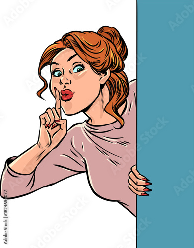 Pop Art Retro A woman is giving a sign to be quiet. A profitable, secretive business proposition. Keeping a secret or hiding something.