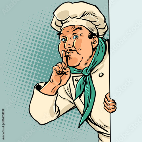 Pop Art Retro The chef signals for quiet. New food delivery menu. The secret ingredient in the restaurant's food.