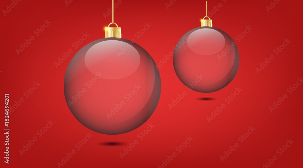 Fototapeta premium Two red Christmas ornaments hanging on a red background