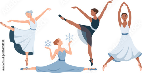 Elegant Ballerinas in Different Poses Flat Vector Illustration on Transparent Backdrop Showcasing Grace and Artistry of Ballet