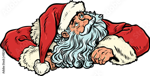 Pop Art Retro Santa Claus looks up. New Year and Christmas are approaching with Santa Claus. Discounts on New Year's holidays and gifts.