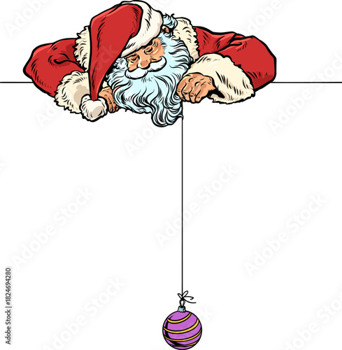 Pop Art Retro Santa Claus holding a Christmas tree bauble on a string. Celebrate the approach of Christmas and New Year with Santa Claus. Find discounts on New Year's holidays and gifts.