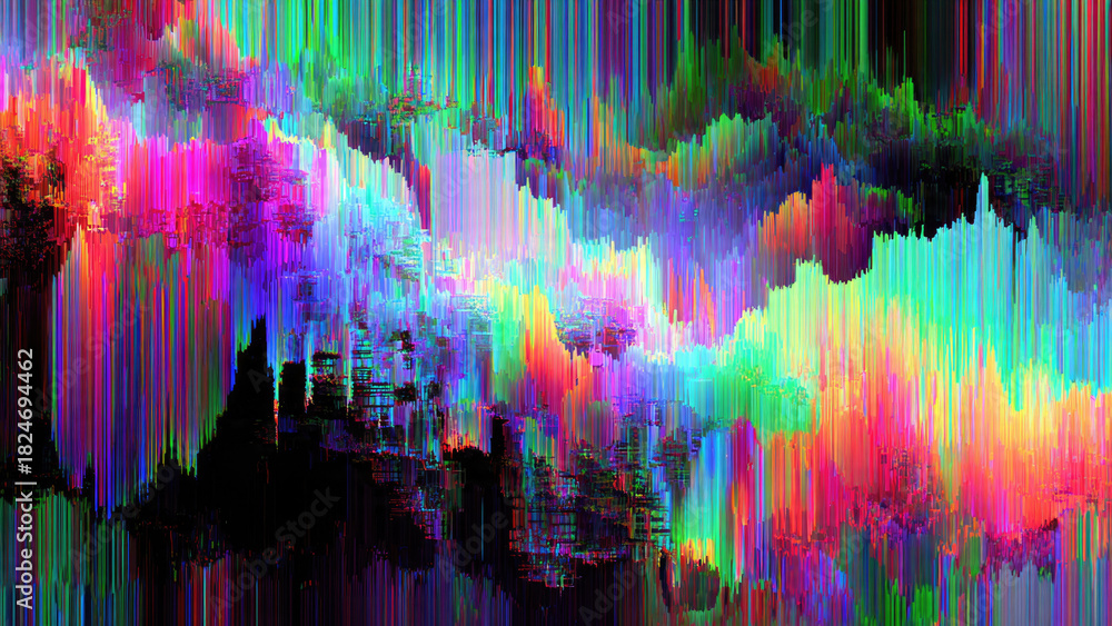 Obraz premium Vibrant pixel-sorted abstract art showcasing a mesmerizing cascade of intense rainbow colors, creating a dynamic digital landscape with a glitch aesthetic.