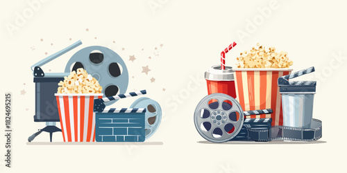 Movie Night Icons Popcorn, Film Reels, and Clapperboards for Entertainment Design